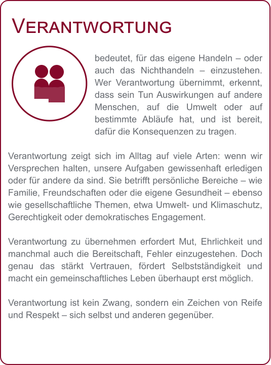Verantwortung bedeutet, für das eigene Handeln – oder auch das Nichthandeln – einzustehen. Wer Verantwortung übernimmt, erkennt, dass sein Tun Auswirkungen auf andere Menschen, auf die Umwelt oder auf bestimmte Abläufe hat, und ist bereit, dafür die Konsequenzen zu tragen.  Verantwortung zeigt sich im Alltag auf viele Arten: wenn wir Versprechen halten, unsere Aufgaben gewissenhaft erledigen oder für andere da sind. Sie betrifft persönliche Bereiche – wie Familie, Freundschaften oder die eigene Gesundheit – ebenso wie gesellschaftliche Themen, etwa Umwelt- und Klimaschutz, Gerechtigkeit oder demokratisches Engagement.  Verantwortung zu übernehmen erfordert Mut, Ehrlichkeit und manchmal auch die Bereitschaft, Fehler einzugestehen. Doch genau das stärkt Vertrauen, fördert Selbstständigkeit und macht ein gemeinschaftliches Leben überhaupt erst möglich.  Verantwortung ist kein Zwang, sondern ein Zeichen von Reife und Respekt – sich selbst und anderen gegenüber.